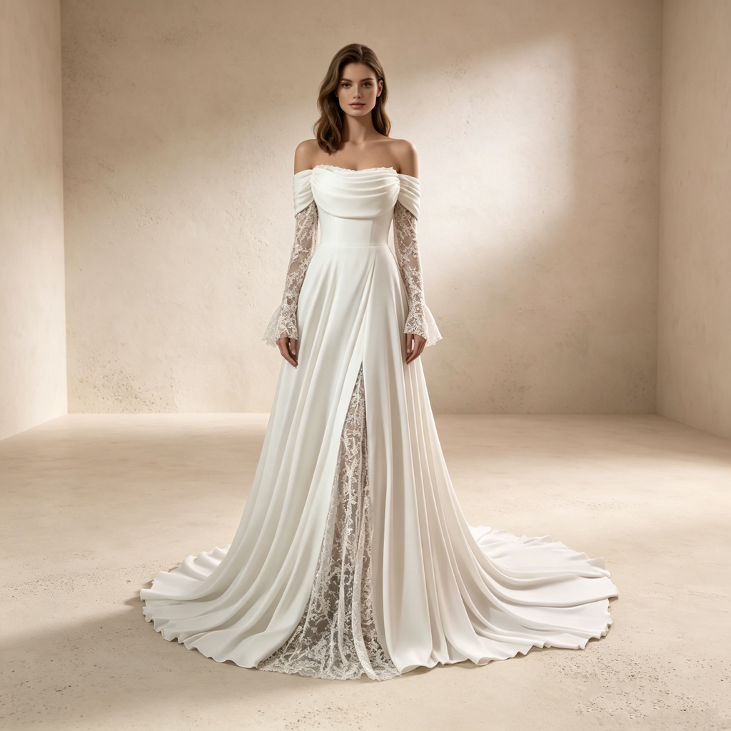 Off-Shoulder Abendkleid lang mit Spitze | Elegantes Maxikleid Weiß langarm