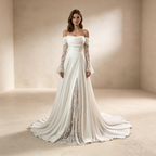 Off-Shoulder Abendkleid lang mit Spitze | Elegantes Maxikleid Weiß langarm