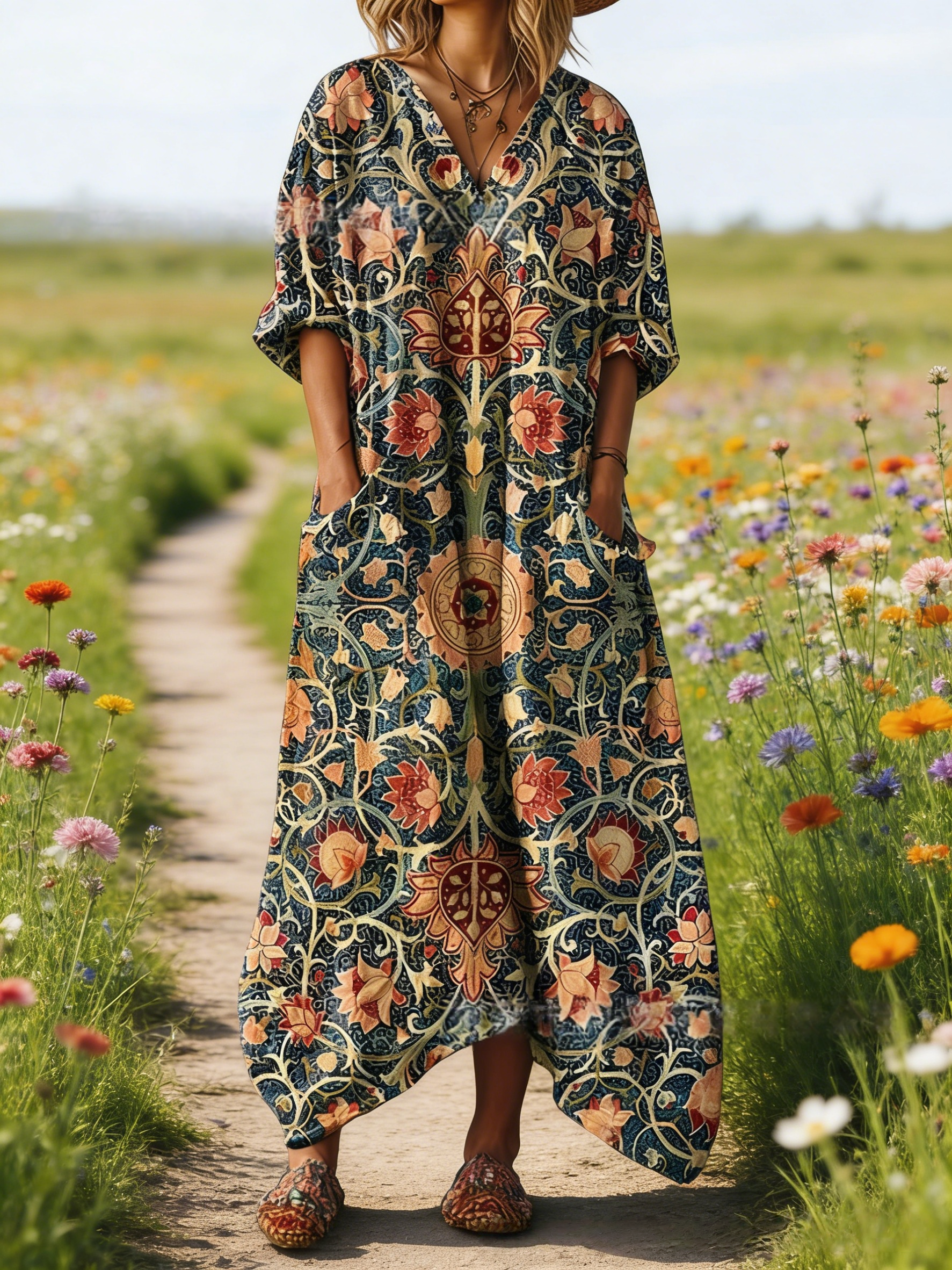 Damen Boho-Maxikleid im Vintage-Stil Lavendel: Floraler Stickerei-Print, V-Ausschnitt & Praktische Taschen, Bequeme Passform, Ganzjährig S-5XL