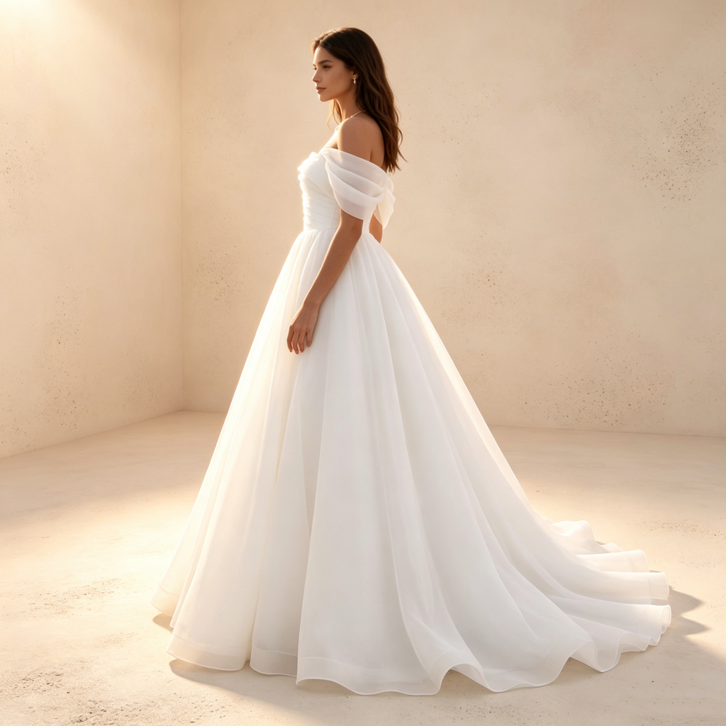Off-Shoulder A-Linien Abendkleid aus Chiffon mit Herzausschnitt, Bodenlanges Gala Kleid Weiß