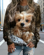 Damen Sweatshirt mit 3D-Hundemotiv Braun: Süßes Grafik-Oberteil (Yorkshire Terrier), Rundhals & Bequeme Passform, Ganzjährig S-5XL
