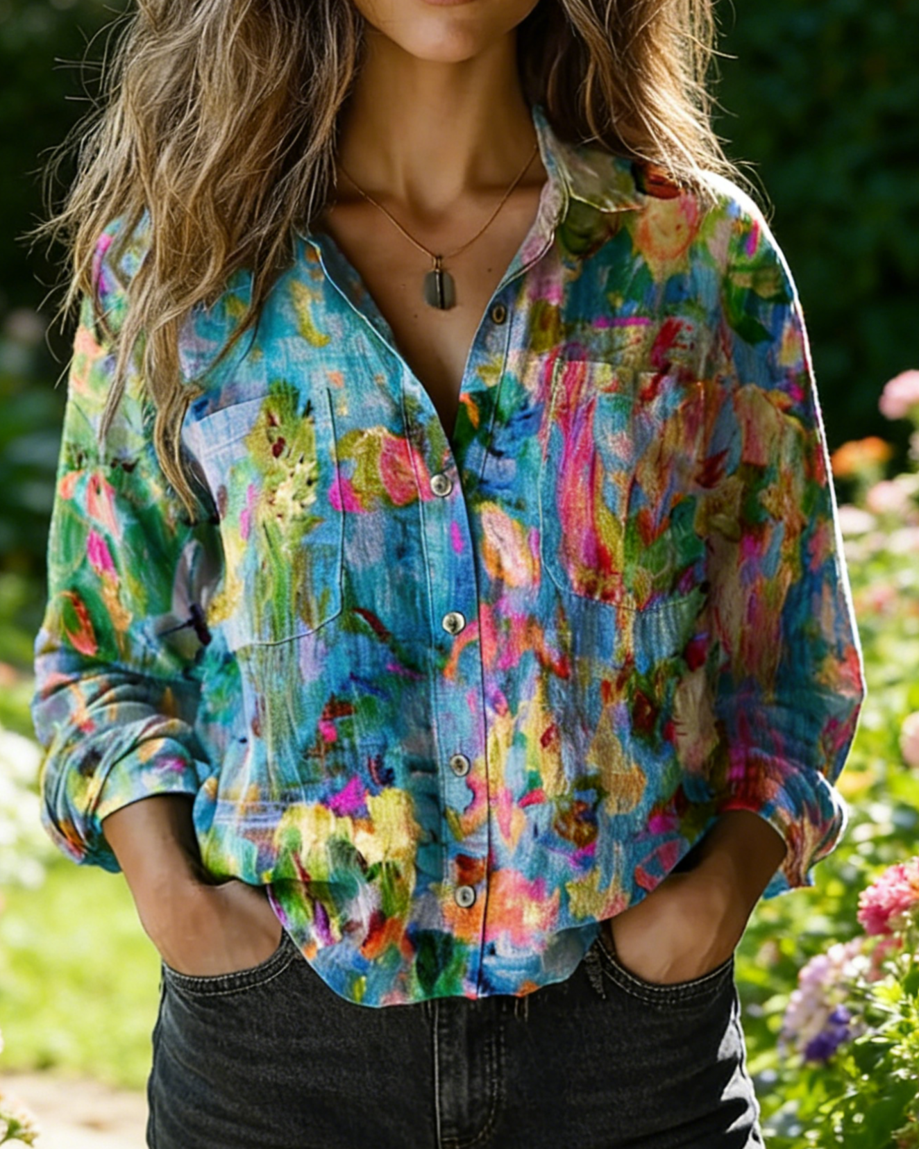 Boho Bluse Damen Blau: Retro-Print in Aquarell-Optik, Reverskragen, Loose Fit,S-5XL, Ganzjährig