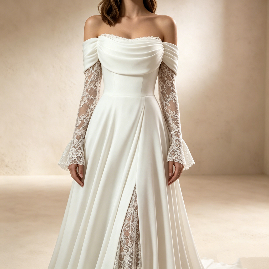 Off-Shoulder Abendkleid lang mit Spitze | Elegantes Maxikleid Weiß langarm