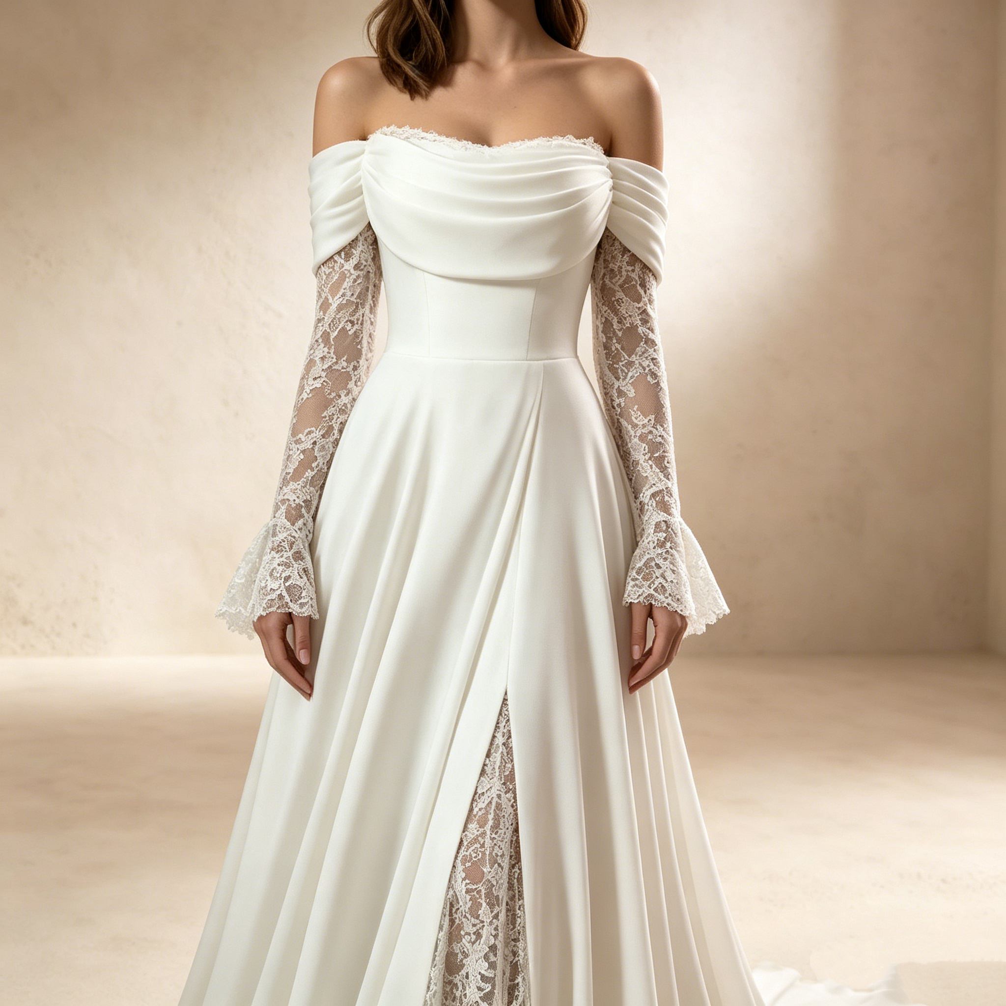 Off-Shoulder Abendkleid lang mit Spitze | Elegantes Maxikleid Weiß langarm