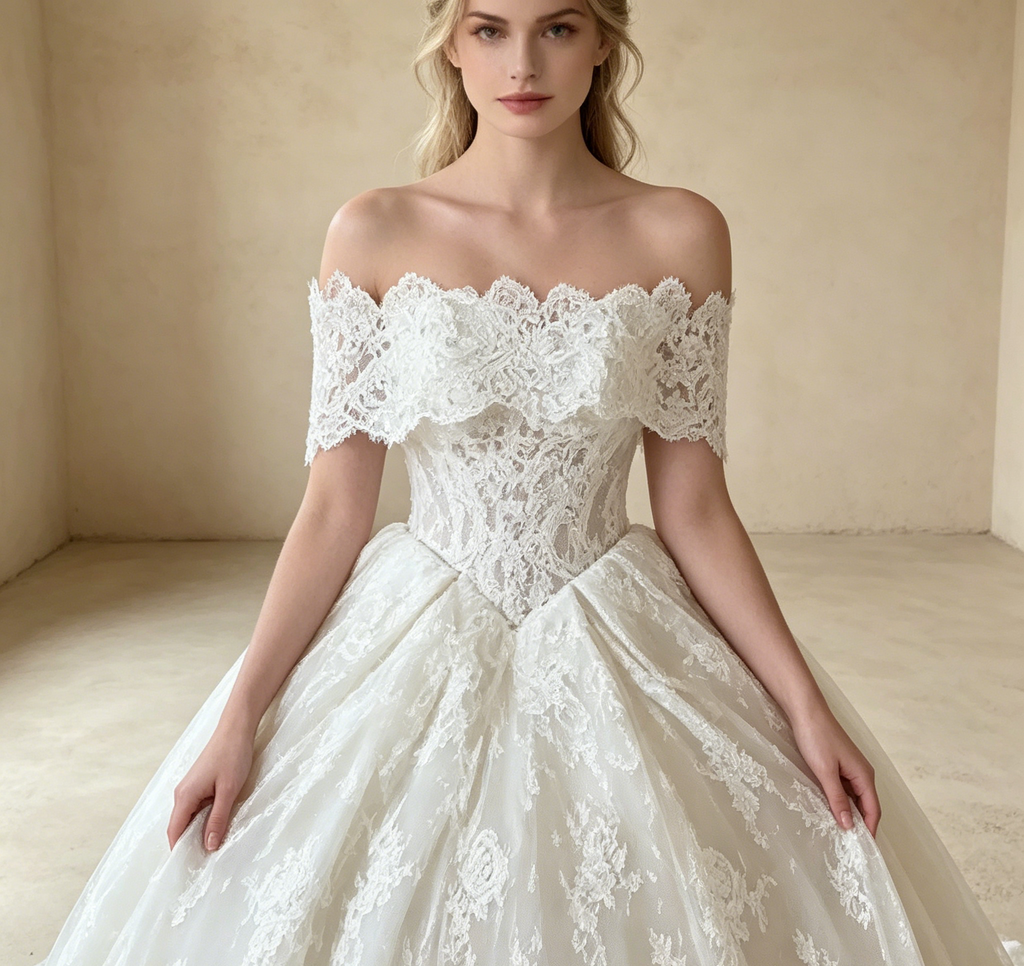Off-Shoulder Abendkleid mit floraler Spitze und opulentem Ballrock in Creme