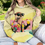 Oversize Hoodie Damen Beige: Stylischer Kapuzenpullover mit Japan-Print, Schwarze Katze unter Kirschblüten im Ukiyo-e Stil, Casual Sweatshirt, Ganzjährig S-5XL