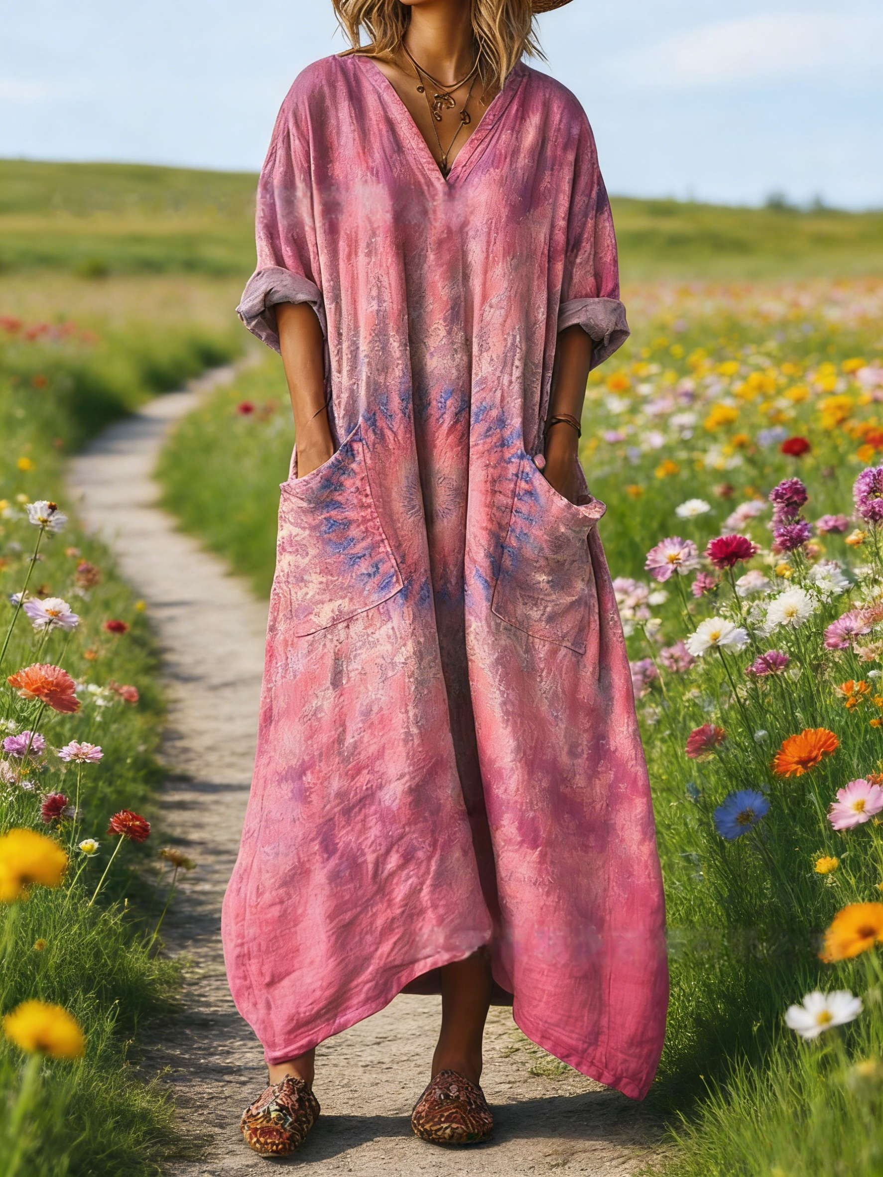 Damen Boho-Maxikleid im Vintage-Stil Marineblau: Ethno-Blumenprint & Retro-Art, V-Ausschnitt & Praktische Taschen, Bequeme Passform, Ganzjährig S-5XL