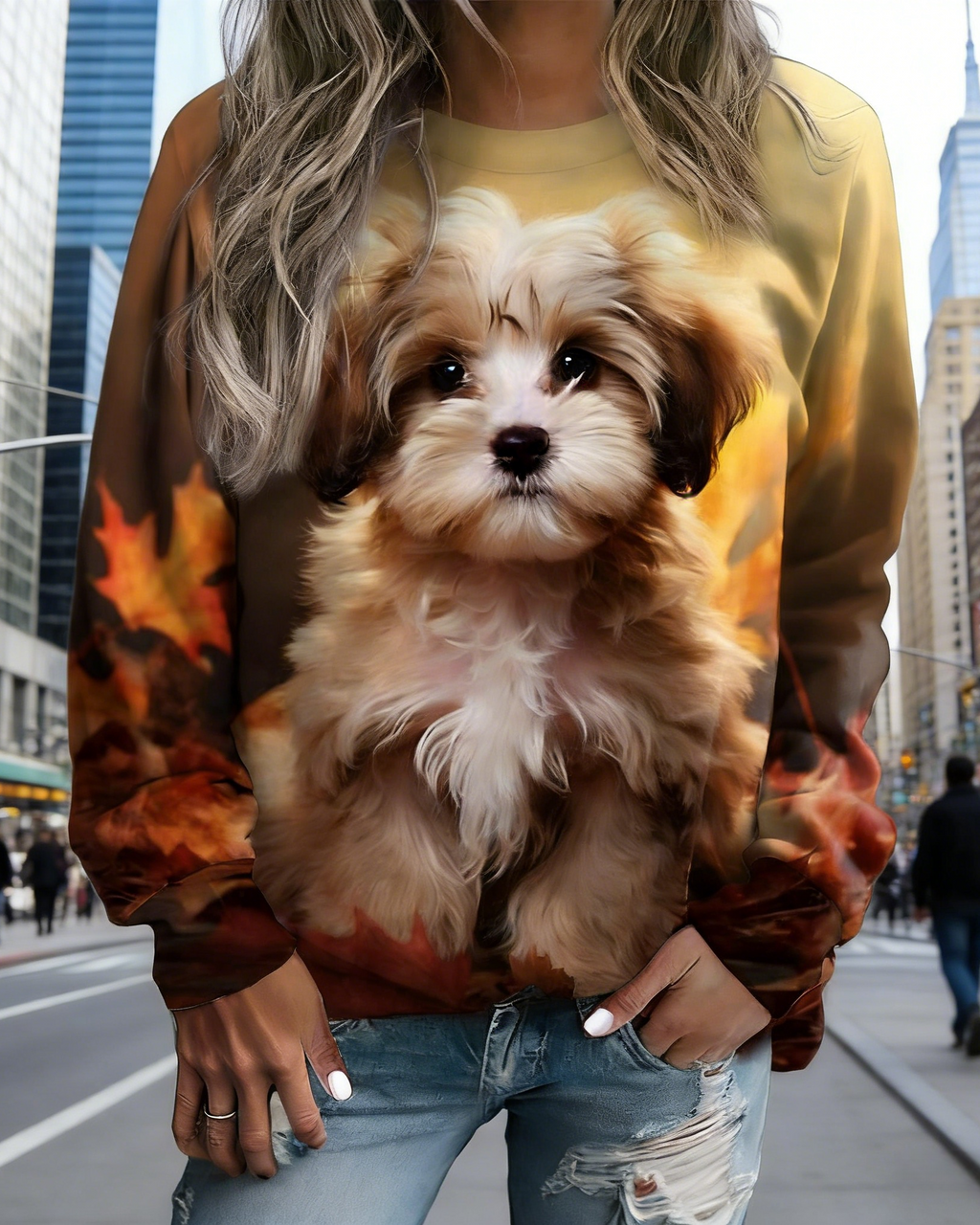 Damen Sweatshirt mit 3D-Tiermotiv Weiß: Süßer Grafik-Print (Hunde-Design), Rundhals & Bequeme Passform, Ganzjährig S-5XL