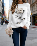3D-Druck Damen Sweatshirt Schwarz-Weiß: Süßes Katzen-Motiv, Kontrastfarben mit Reißverschluss, Leichtes Langarmshirt S-5XL