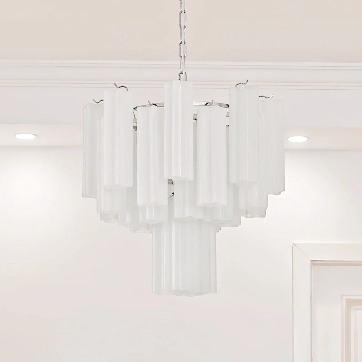 Frosted Glass Tubes Chandelier ∅ 19.7″ x H 17.3″ / White & Nickel Chandelier