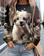 Damen Sweatshirt mit 3D-Hundemotiv Schwarz: Süßer Grafik-Print (Welpe & Gänseblümchen), Rundhals & Casual Style, Ganzjährig S-5XL