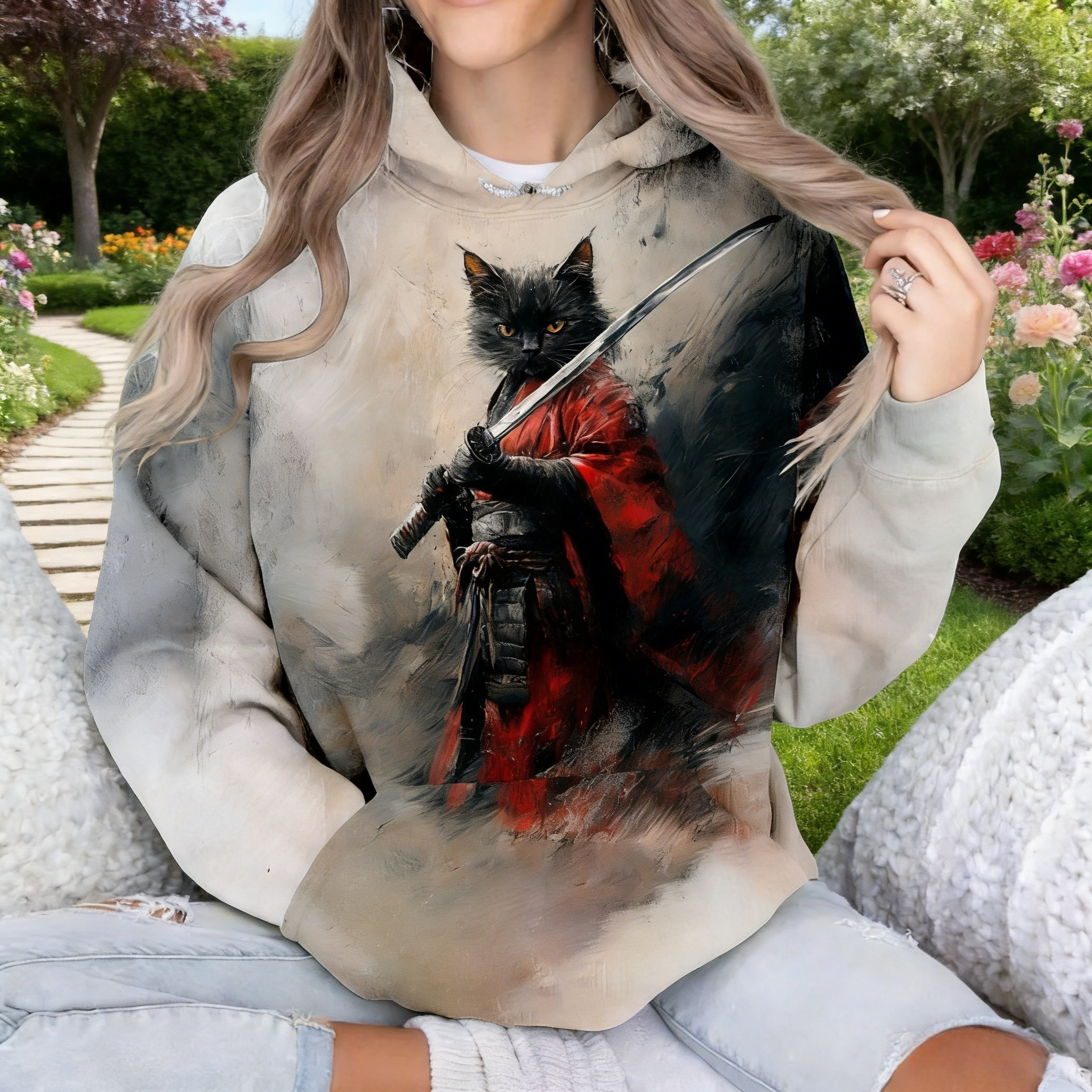 Oversize Hoodie Damen Hellgrau: Stylischer Kapuzenpullover mit Samurai-Katze im Japan-Stil, Cooles Grafik-Sweatshirt, Ganzjährig S-5XL