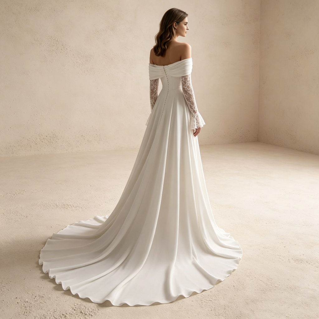 Off-Shoulder Abendkleid lang mit Spitze | Elegantes Maxikleid Weiß langarm