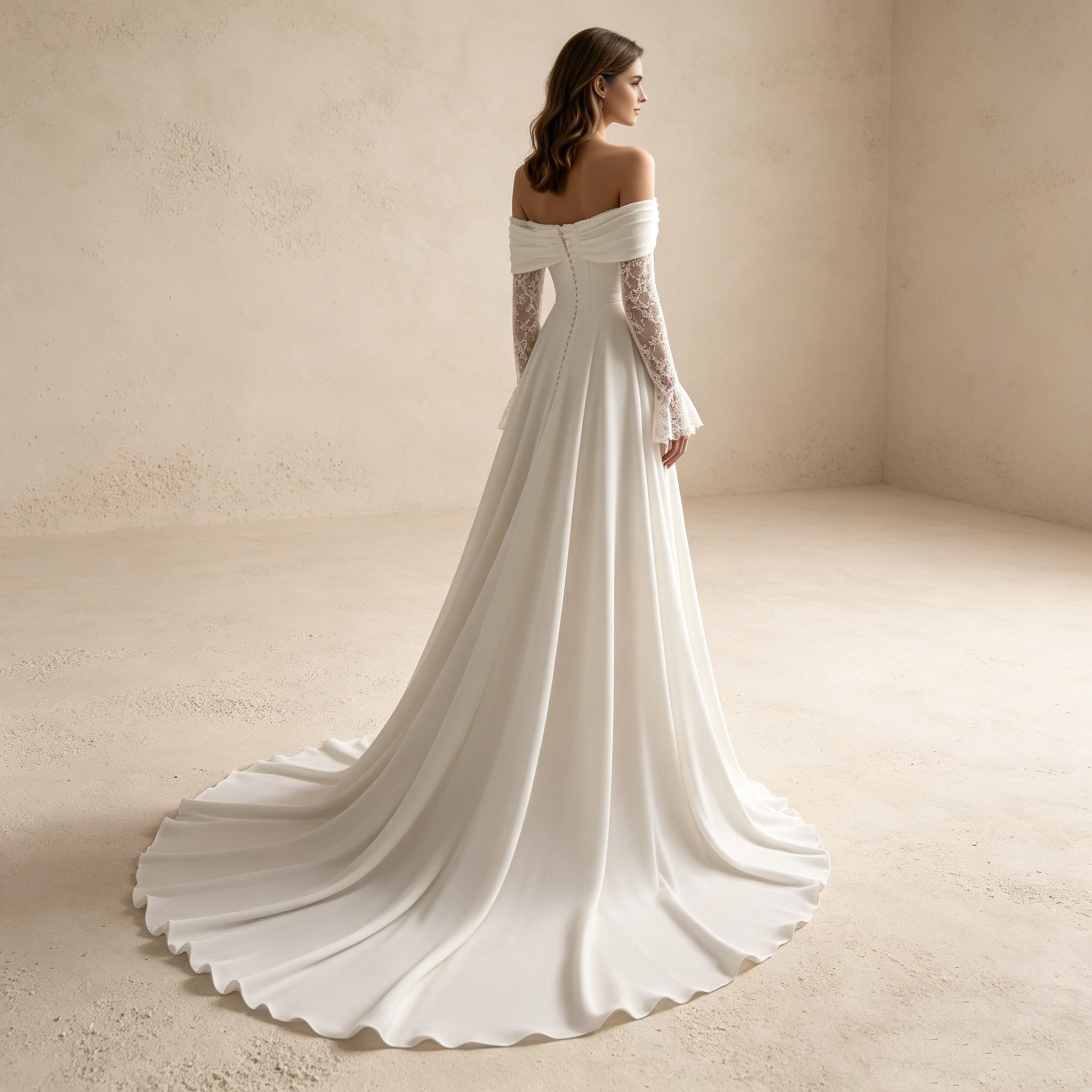 Off-Shoulder Abendkleid lang mit Spitze | Elegantes Maxikleid Weiß langarm
