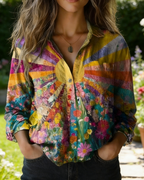 Boho Bluse Damen Bunt: Vintage Sonnen-Print, Reverskragen, Loose Fit, S-5XL,Ganzjährig