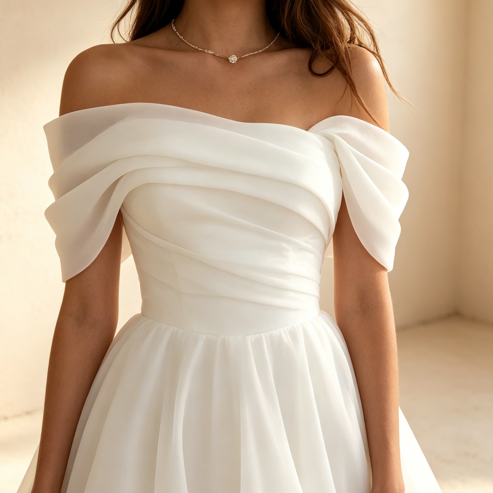 Off-Shoulder A-Linien Abendkleid aus Chiffon mit Herzausschnitt, Bodenlanges Gala Kleid Weiß