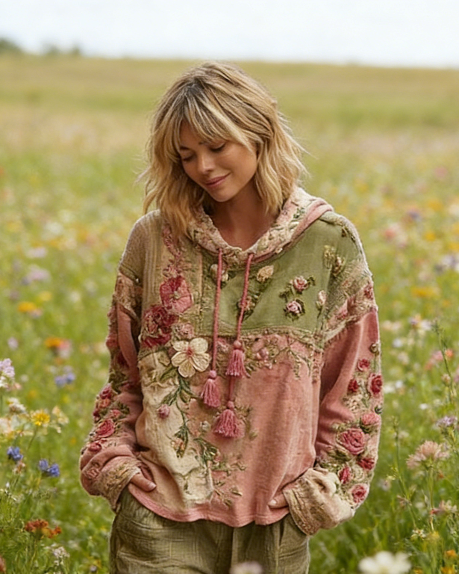 Boho Hoodie Damen Altrosa: Vintage Floral-Print mit 3D-Effekt Rosen, Oversize Kapuzenpullover, Patchwork-Design, Ganzjährig S-5XL