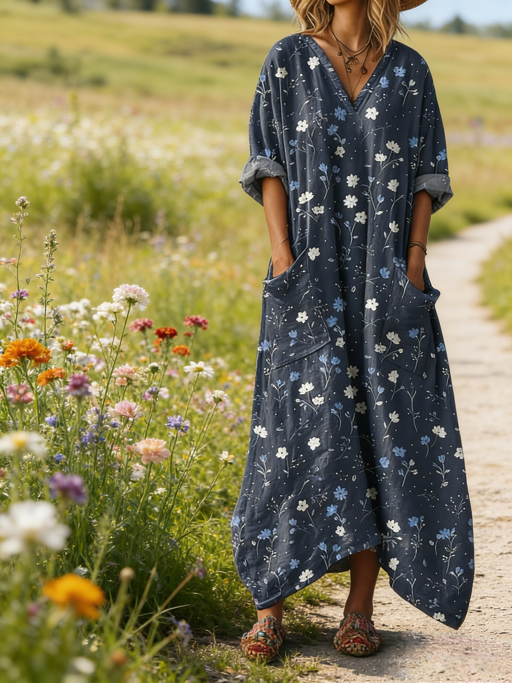 Damen Boho-Maxikleid im Vintage-Stil Dunkelblau: Verspielter Floral-Print, V-Ausschnitt & Praktische Taschen, Bequeme Passform, Ganzjährig S-5XL