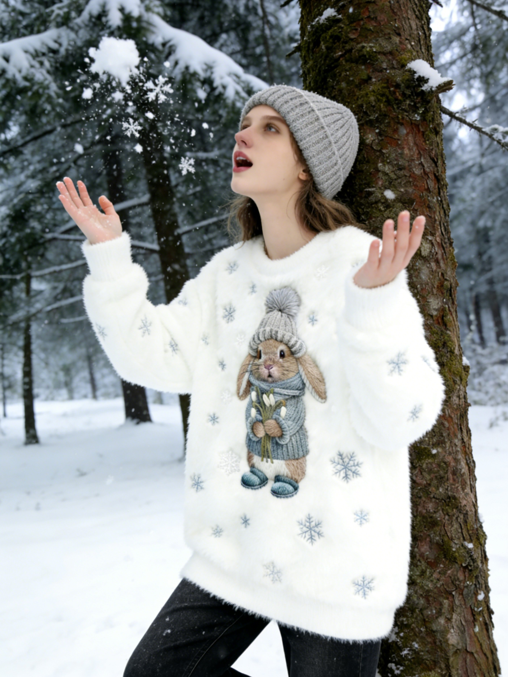 Winter Sweatshirt Damen mit Häschen & Schneeflocken Stickerei – kuscheliger Plush Pullover, weich & gemütlich Size S-5XL