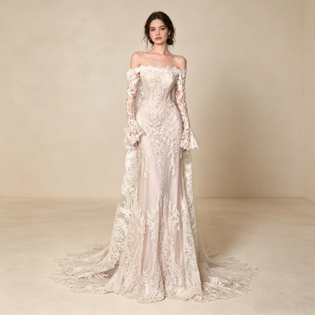 Langärmliges Meerjungfrau Abendkleid mit Spitze – Elegantes Maxikleid mit Schleppe