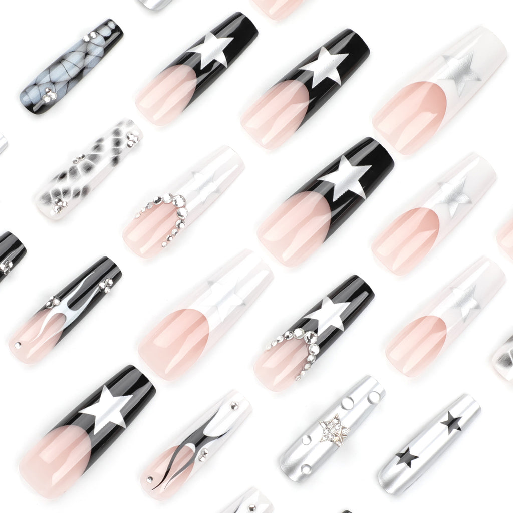StarNagel Ballerina Nägel in Schwarz-Weiß mit Krokodilprägung und Sternenflammen für Halloween
