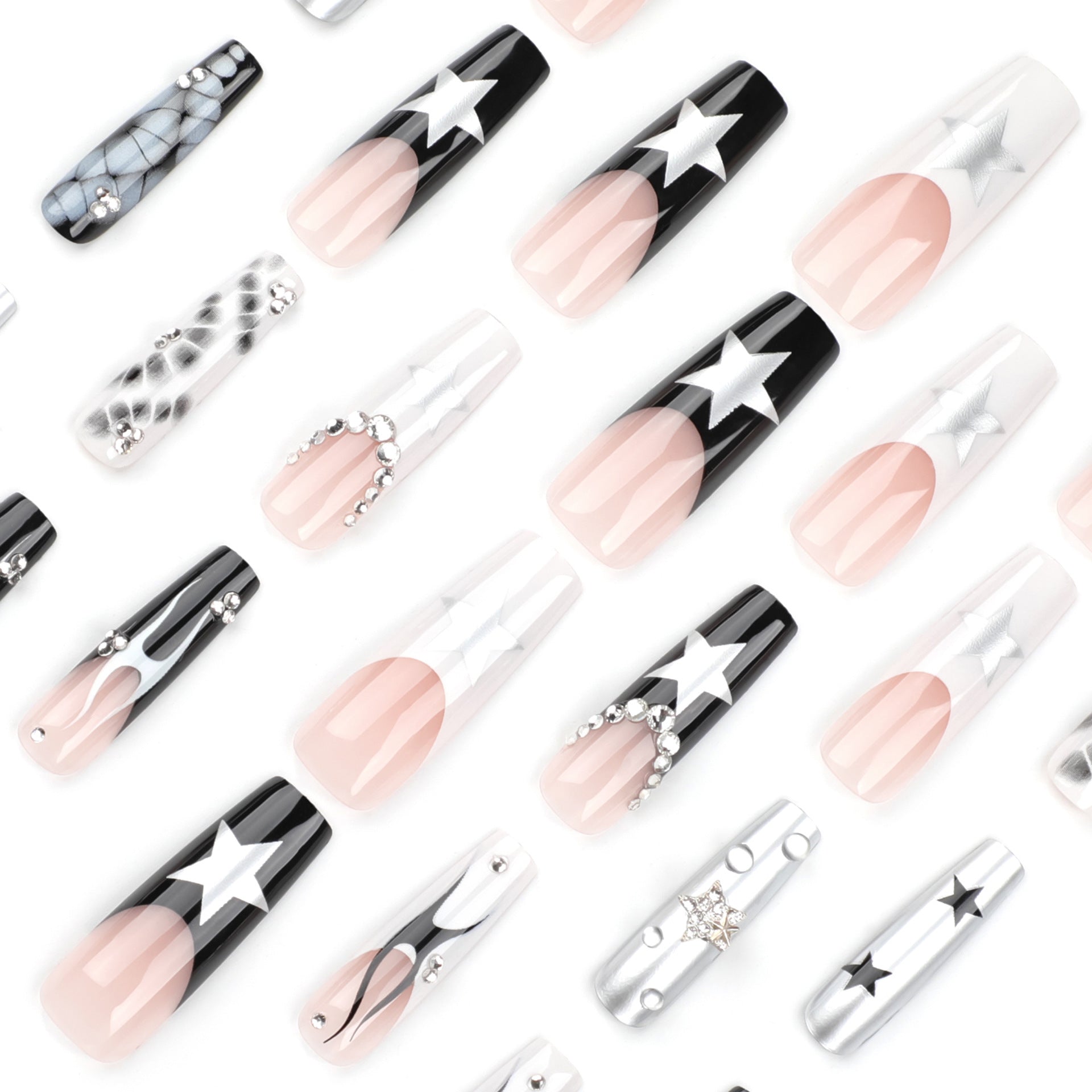 StarNagel Ballerina Nägel in Schwarz-Weiß mit Krokodilprägung und Sternenflammen für Halloween
