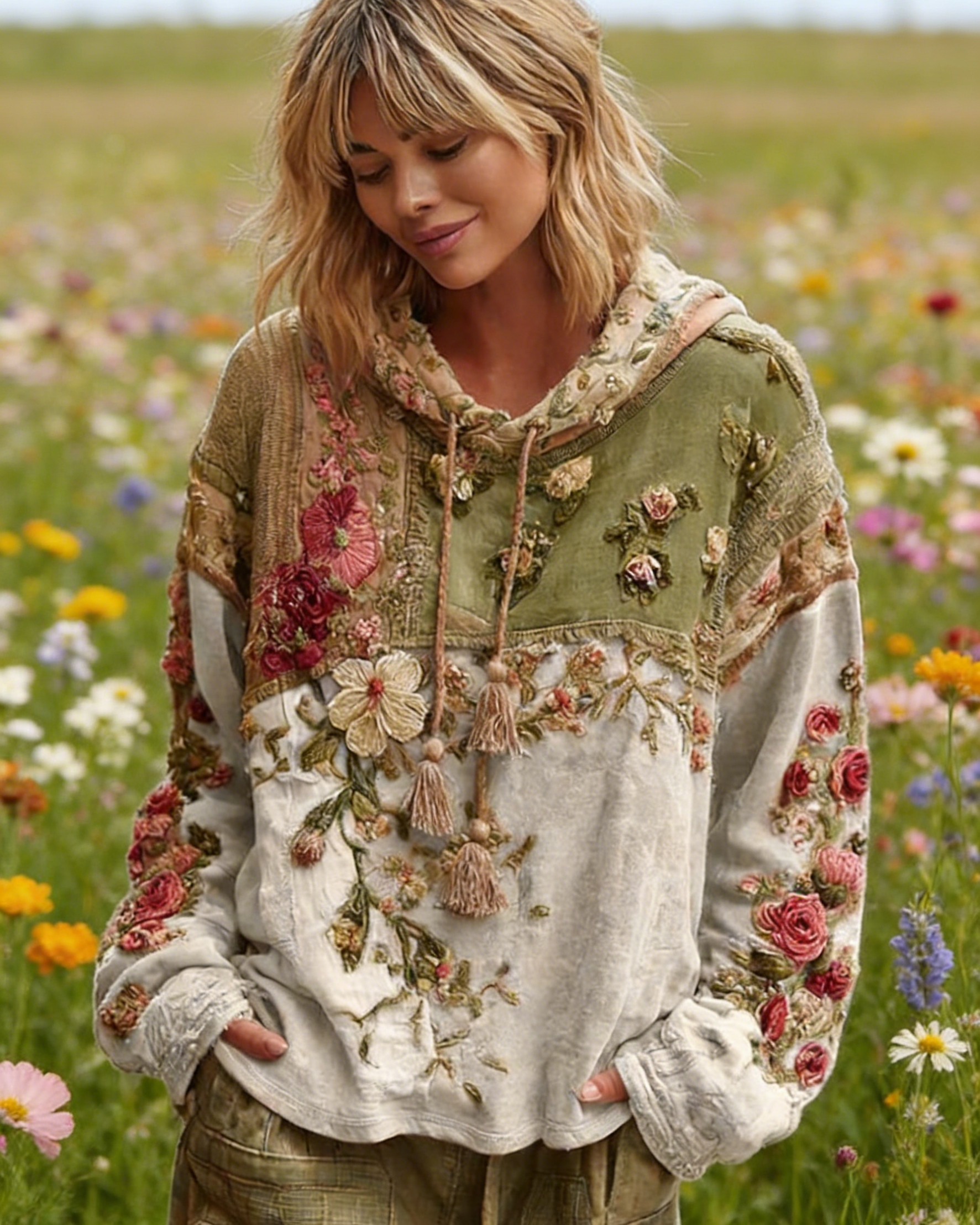 Boho Hoodie Damen Beige: Vintage Floral-Print mit 3D-Effekt Rosen, Oversize Kapuzenpullover, Patchwork-Design, Ganzjährig S-5XL