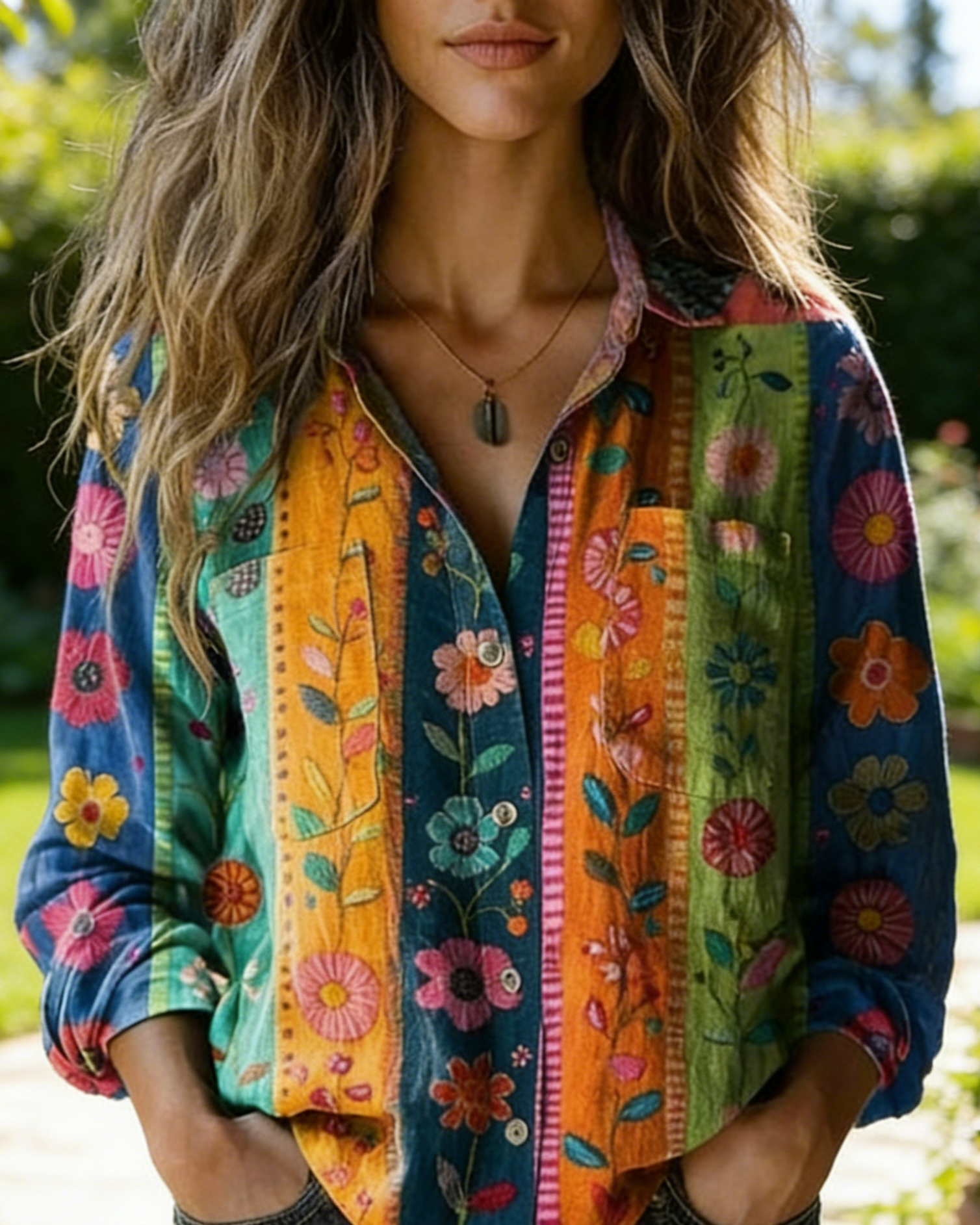 Boho Bluse Damen Bunt: Vintage Blumen-Print, Reverskragen, Loose Fit, S-5XL,Ganzjährig