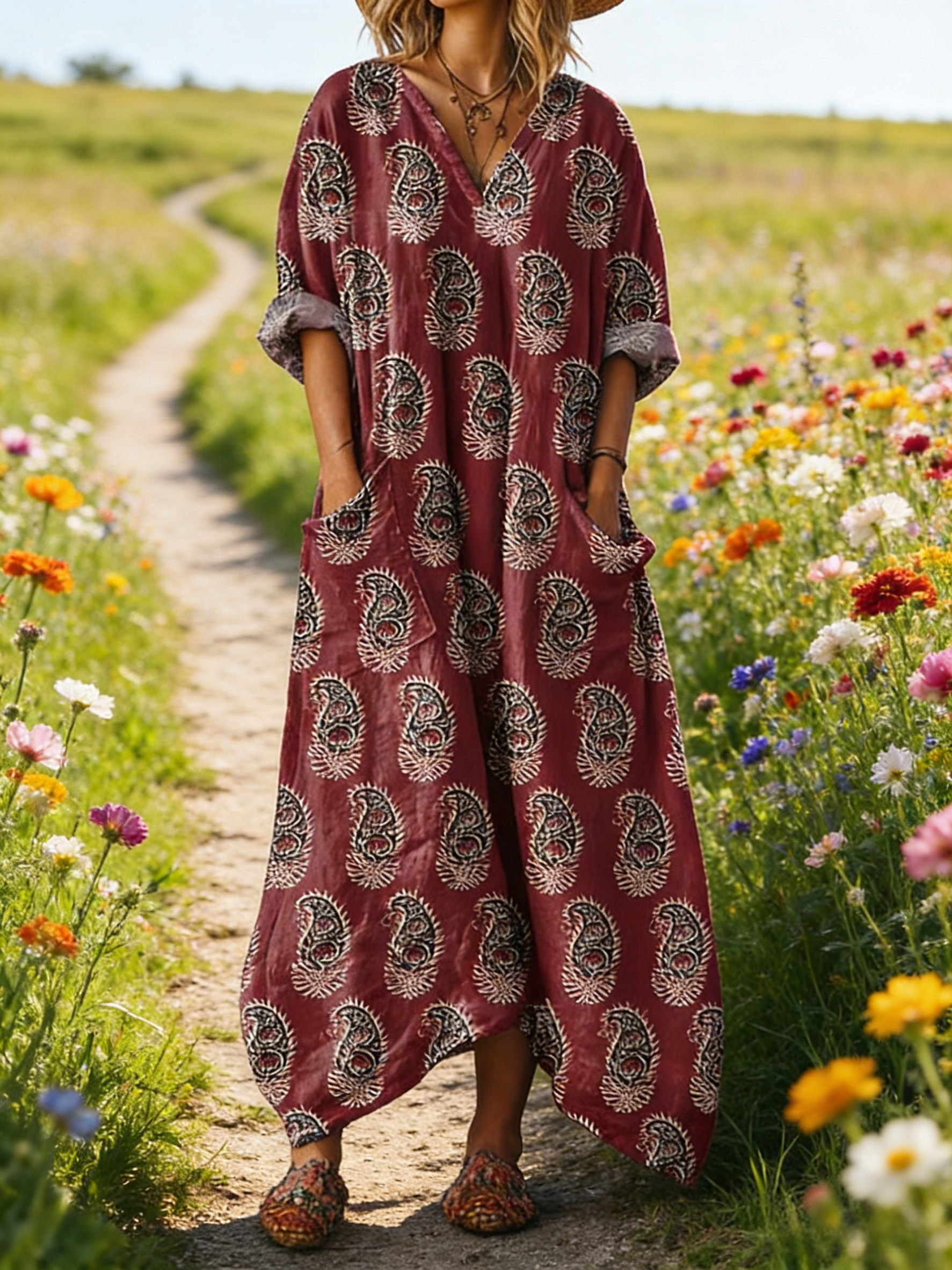 Damen Boho-Maxikleid im Vintage-Stil Weinrot: Klassisches Paisley-Muster, V-Ausschnitt & Praktische Taschen, Bequeme Passform, Ganzjährig S-5XL