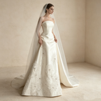 Trägerloses Abendkleid aus Satin mit floraler Bestickung und Schleppe in Creme