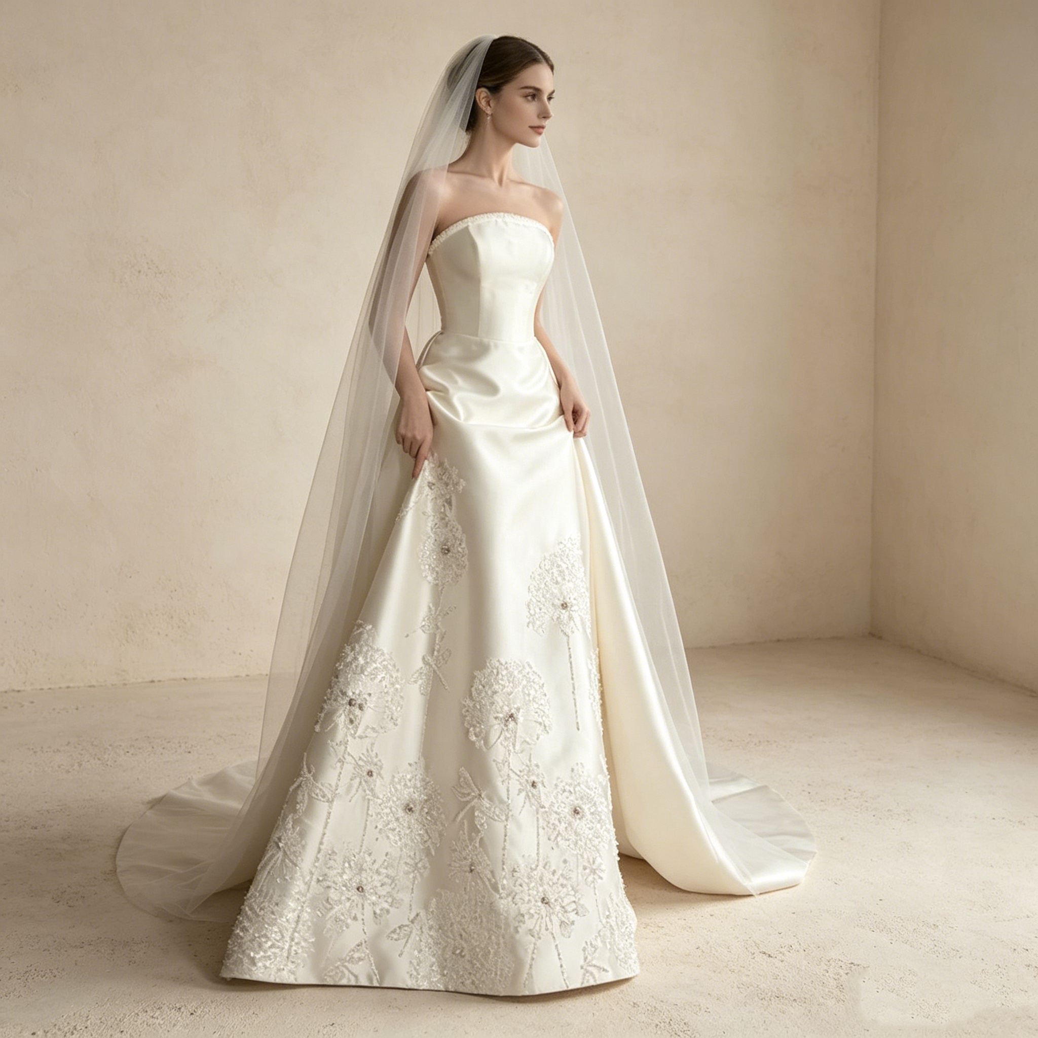 Trägerloses Abendkleid aus Satin mit floraler Bestickung und Schleppe in Creme