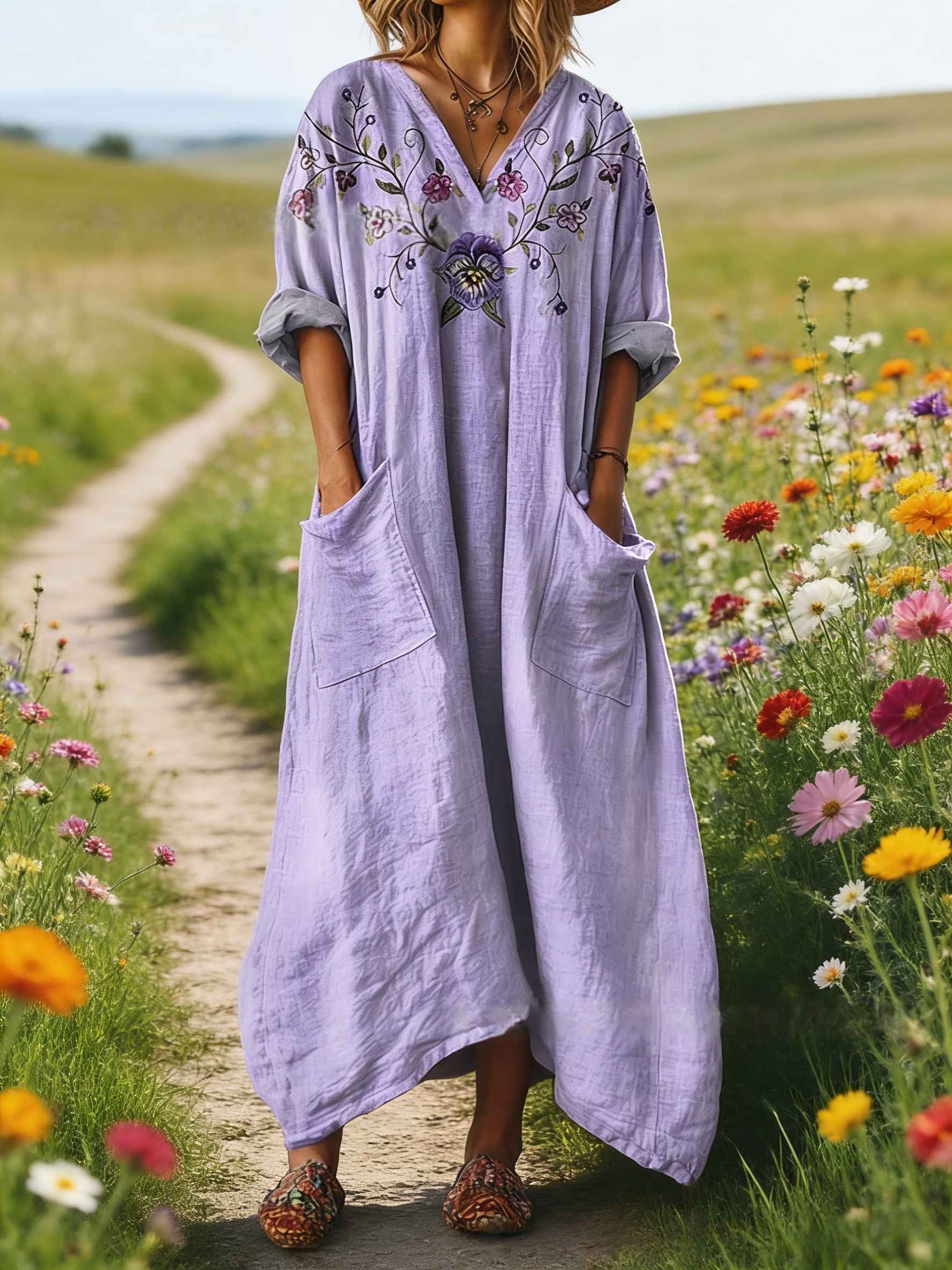 Damen Boho-Maxikleid im Vintage-Stil Lavendel: Kunstvoller Floral-Print, V-Ausschnitt & Praktische Taschen, Bequeme Passform, Ganzjährig S-5XL
