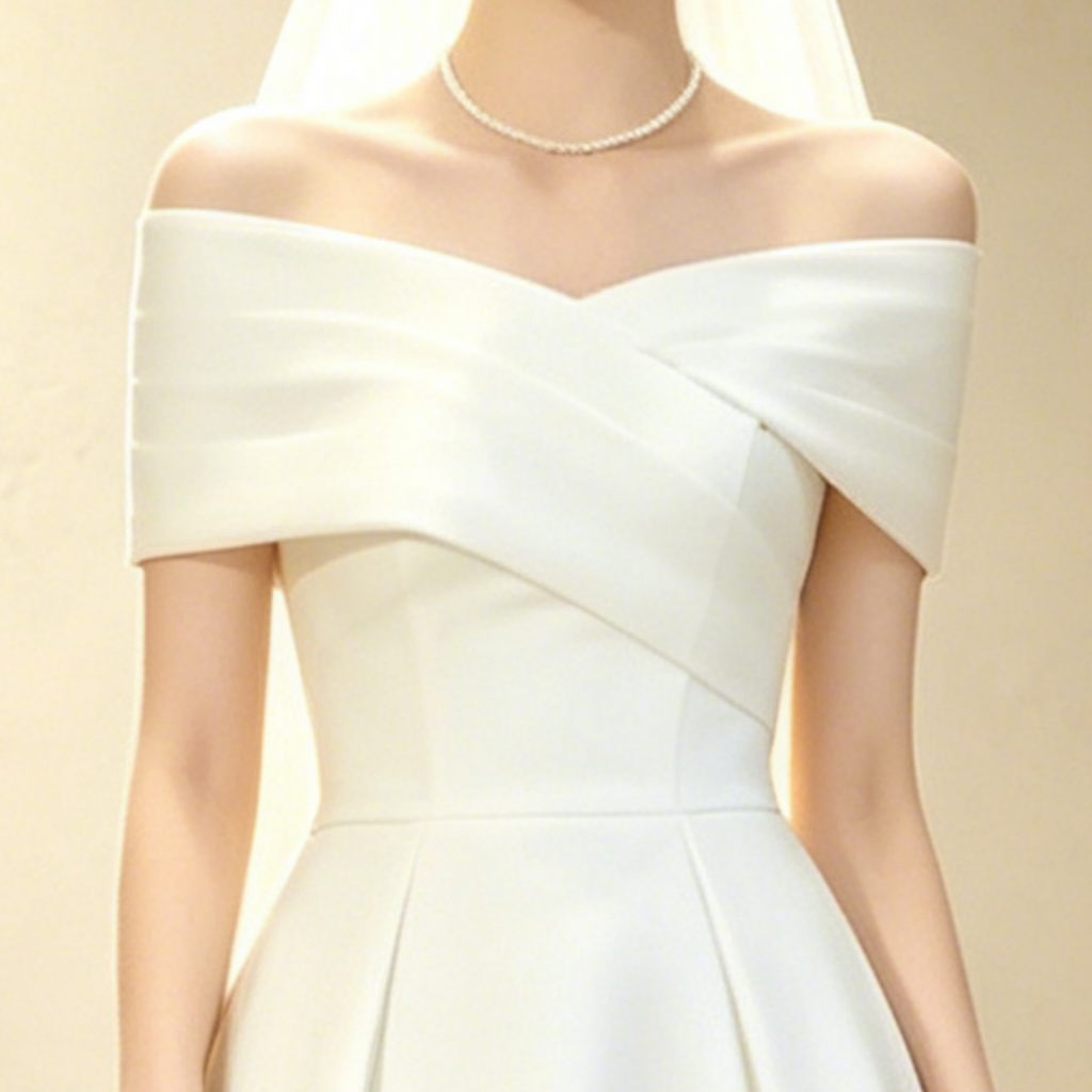 Elegantes A-Linien Satin-Abendkleid mit Carmen-Ausschnitt, Wadenlanges Gala Kleid Weiß