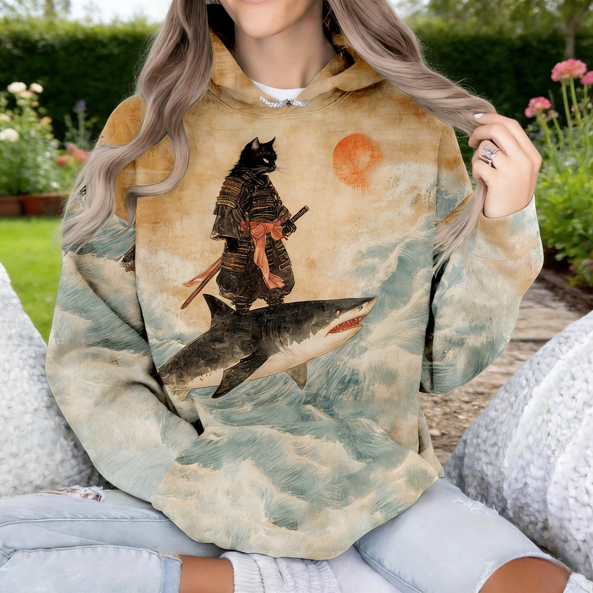 Oversize Hoodie Damen Beige: Stylischer Kapuzenpullover mit Samurai-Katze im Japan-Stil, Retro Grafik-Sweatshirt, Ganzjährig S-5XL
