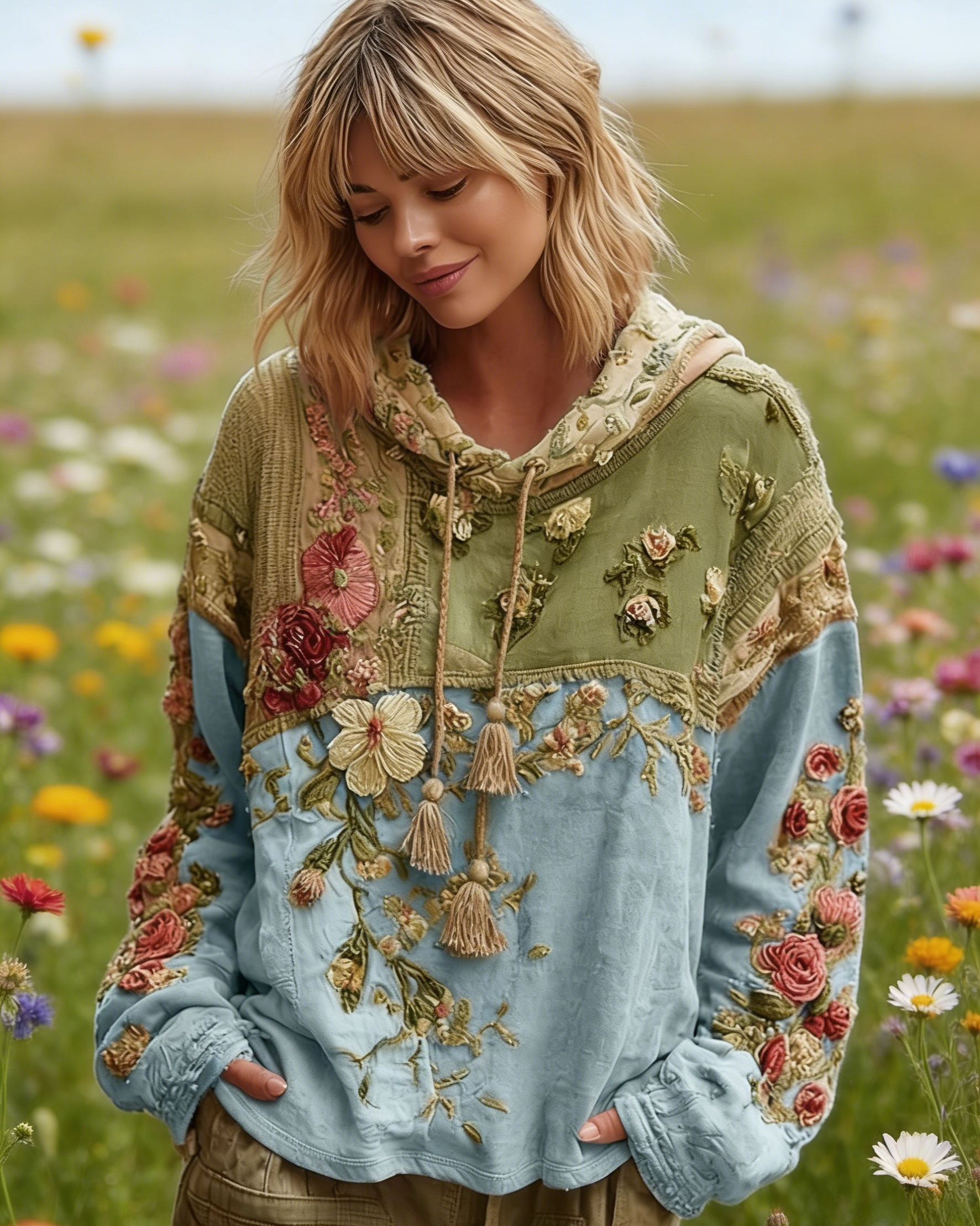 Boho Hoodie Damen Hellblau: Vintage Floral-Print mit 3D-Effekt Rosen, Oversize Kapuzenpullover, Patchwork-Design, Ganzjährig S-5XL