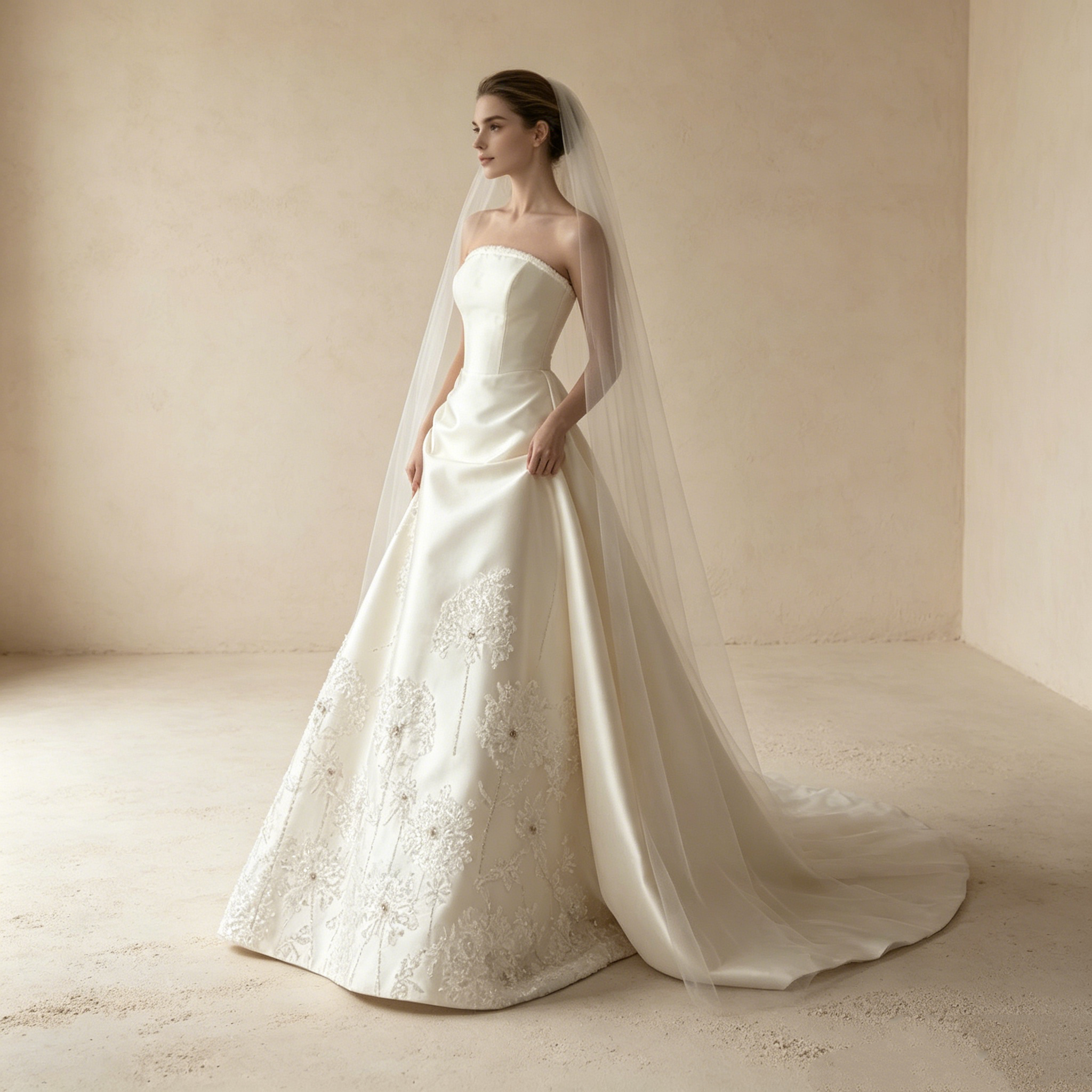 Trägerloses Abendkleid aus Satin mit floraler Bestickung und Schleppe in Creme