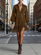 Damen Boho Minikleid Dunkelbraun: Wildleder-Optik mit Fransen-Saum, Eleganter V-Ausschnitt & Laternenärmel, Western-Stil, Ganzjährig S-2XL