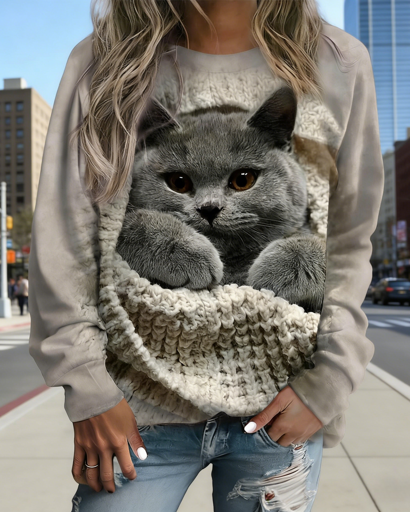 Damen Sweatshirt mit 3D-Katzenmotiv Hellgrau: Süßer Tierprint (Britisch Kurzhaar), Rundhals & Loose Fit, Ganzjährig (Frühling/Sommer/Herbst/Winter) S-5XL