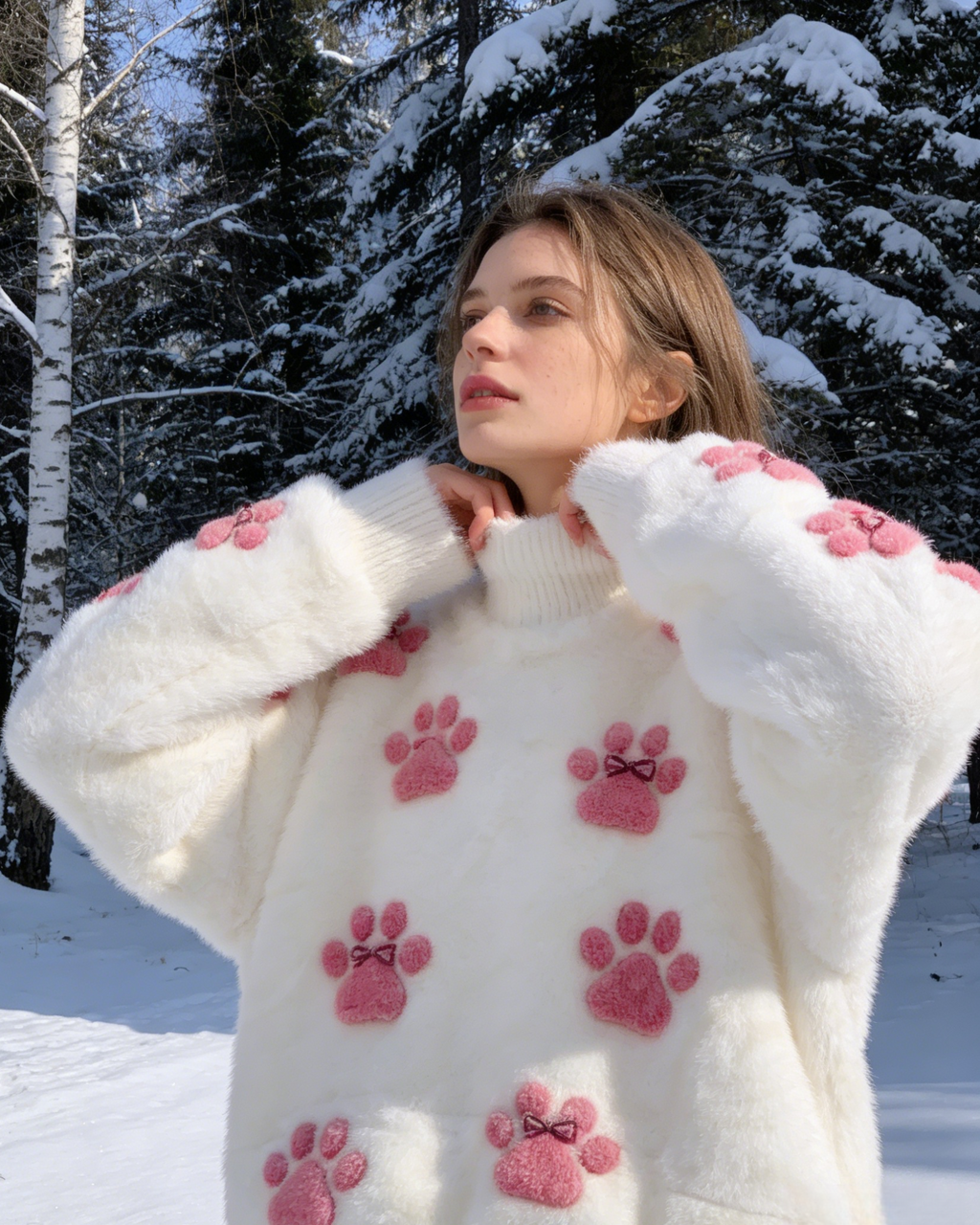 3D-Druck Damen Weißer Flanell Sweatshirt mit Katzenpfoten｜Weiches Warmes Winter Rundhals Oberteil Size S-5XL