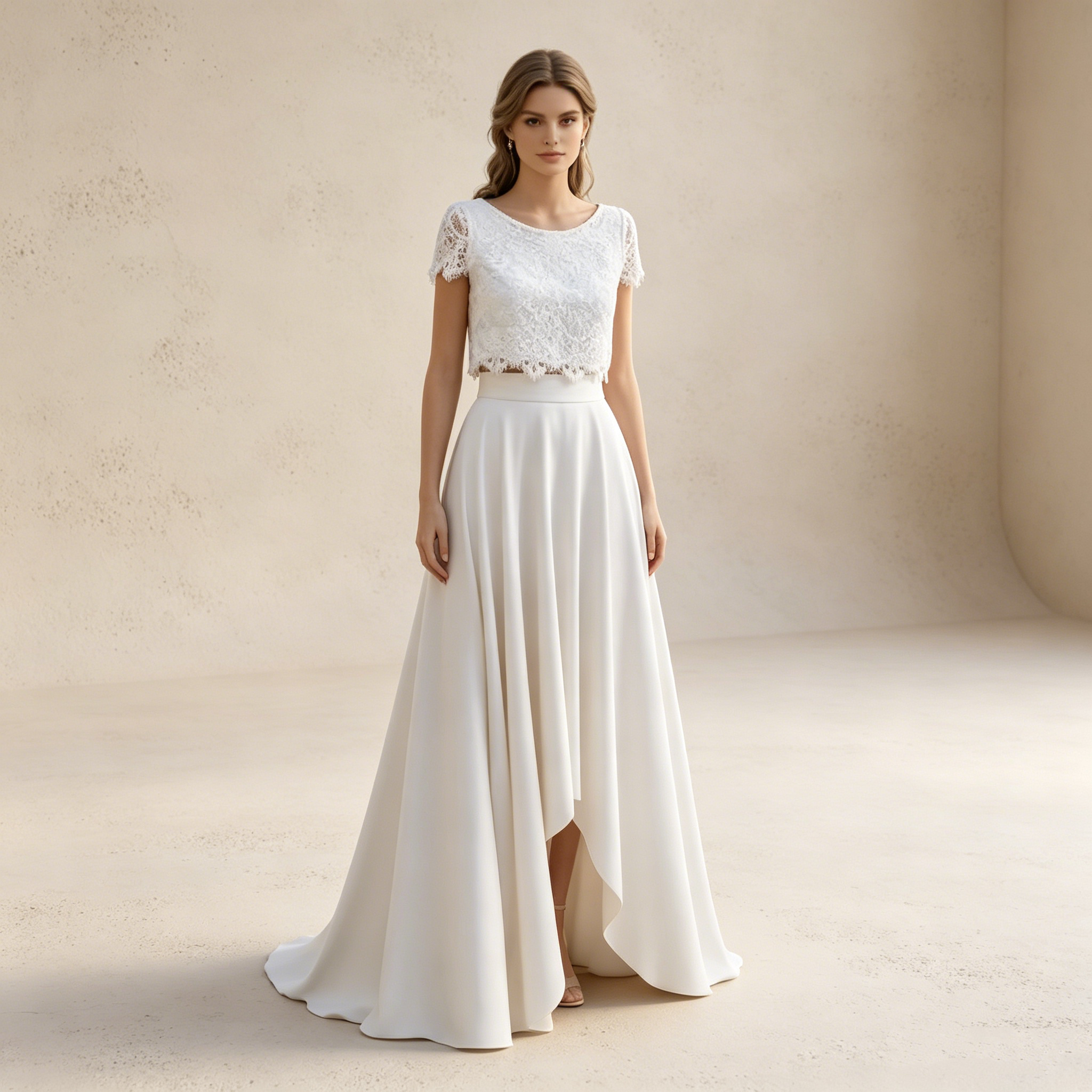 Zweiteiliges Abendkleid mit Spitzenoberteil | Weißes Maxikleid mit Vokuhila-Rock