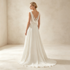 Elegantes A-Linien Abendkleid Weiß Bodenlang | Ärmellos Maxikleid mit Tiefem V-Ausschnitt, Feiner Spitzenstickerei und Fließendem Rock