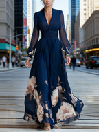 Edles Chiffon-Maxikleid Damen Dunkelblau: Elegantes Blumenmuster-Kleid im französischen Stil, Figurbetont mit V-Ausschnitt, Ganzjährig S-2XL