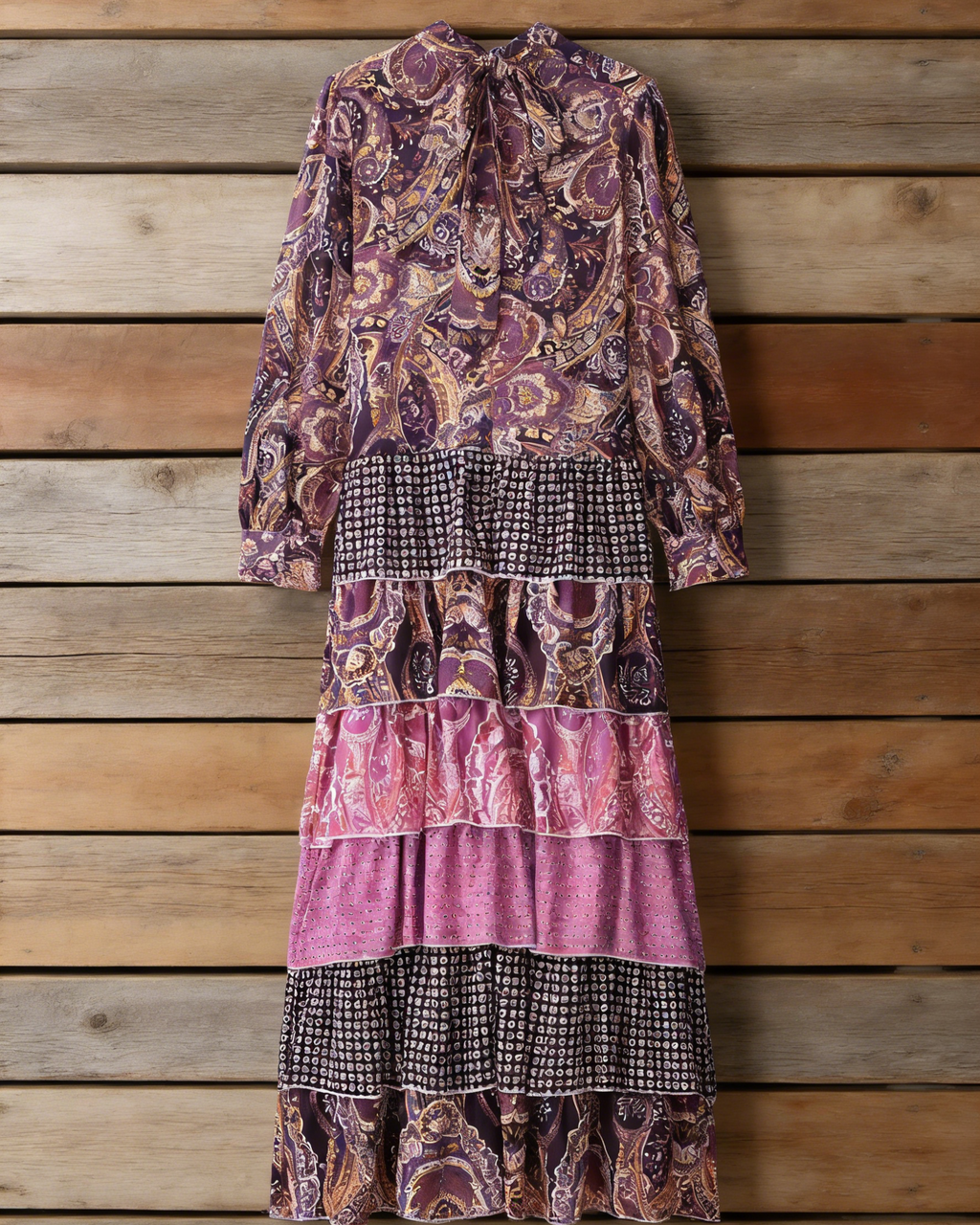 Damen Maxikleid Lila: Elegantes Paisley Chiffonkleid mit Schluppenkragen & Stufenrock, Langarm Boho-Kleid für besondere Anlässe, Vintage Retro-Stil Langes Kleid S-L