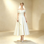 Elegantes A-Linien Satin-Abendkleid mit Carmen-Ausschnitt, Wadenlanges Gala Kleid Weiß