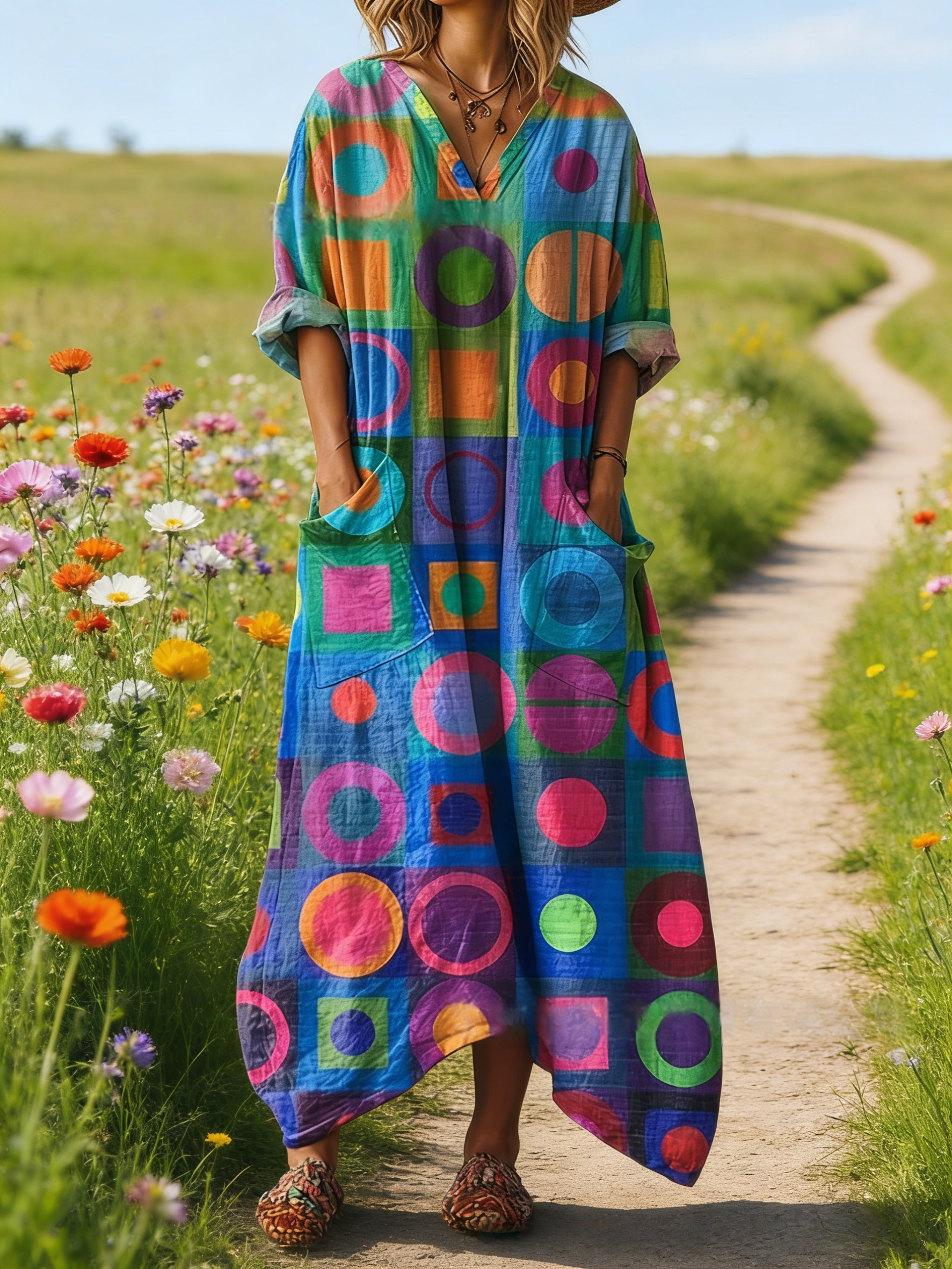 Damen Boho-Maxikleid im Vintage-Stil Bunt: Retro-Geometrie & Grafik-Art, V-Ausschnitt & Praktische Taschen, Bequeme Passform, Ganzjährig S-5XL