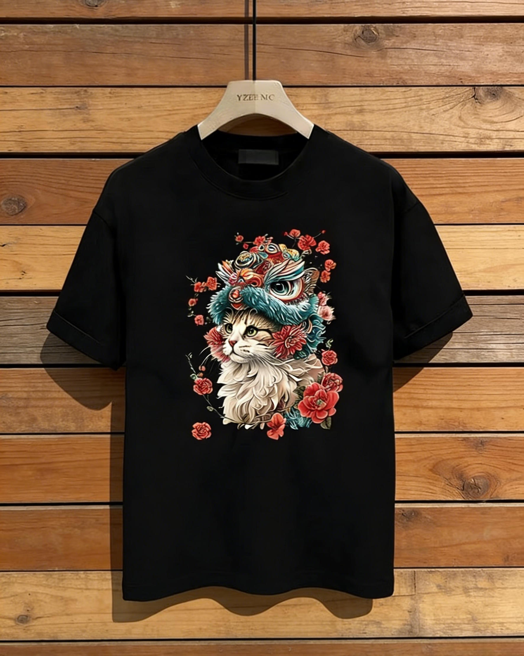 Damen T-Shirt Schwarz mit Katzen-Print: Stylisches Grafik-Shirt im Asia-Look, Hochwertige Baumwolle mit Löwentanz-Motiv, Casual Streetwear(Frühling/Sommer/Herbst) S-5XL