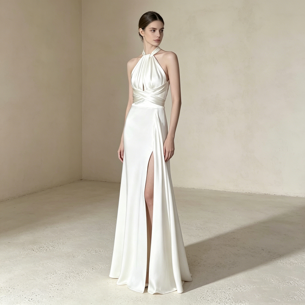 Halterneck Satin Abendkleid Elegant Maxi mit Beinschlitz Neckholder Ballkleid Ärmellos Bodenlang für Damen