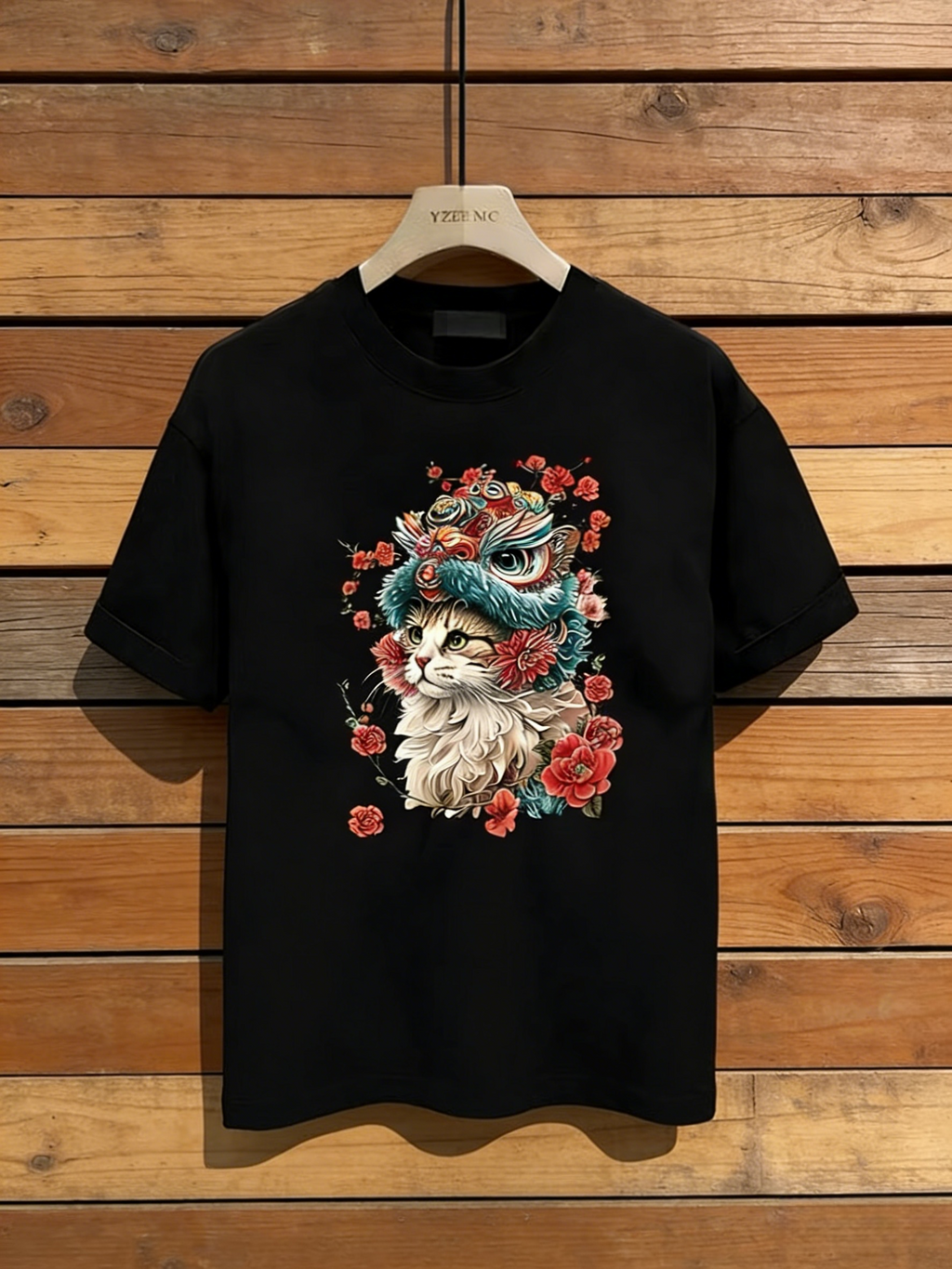 Damen T-Shirt Schwarz mit Katzen-Print: Stylisches Grafik-Shirt im Asia-Look, Hochwertige Baumwolle mit Löwentanz-Motiv, Casual Streetwear(Frühling/Sommer/Herbst) S-5XL