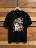 Damen T-Shirt Schwarz mit Katzen-Print: Stylisches Grafik-Shirt im Asia-Look, Hochwertige Baumwolle mit Löwentanz-Motiv, Casual Streetwear(Frühling/Sommer/Herbst) S-5XL