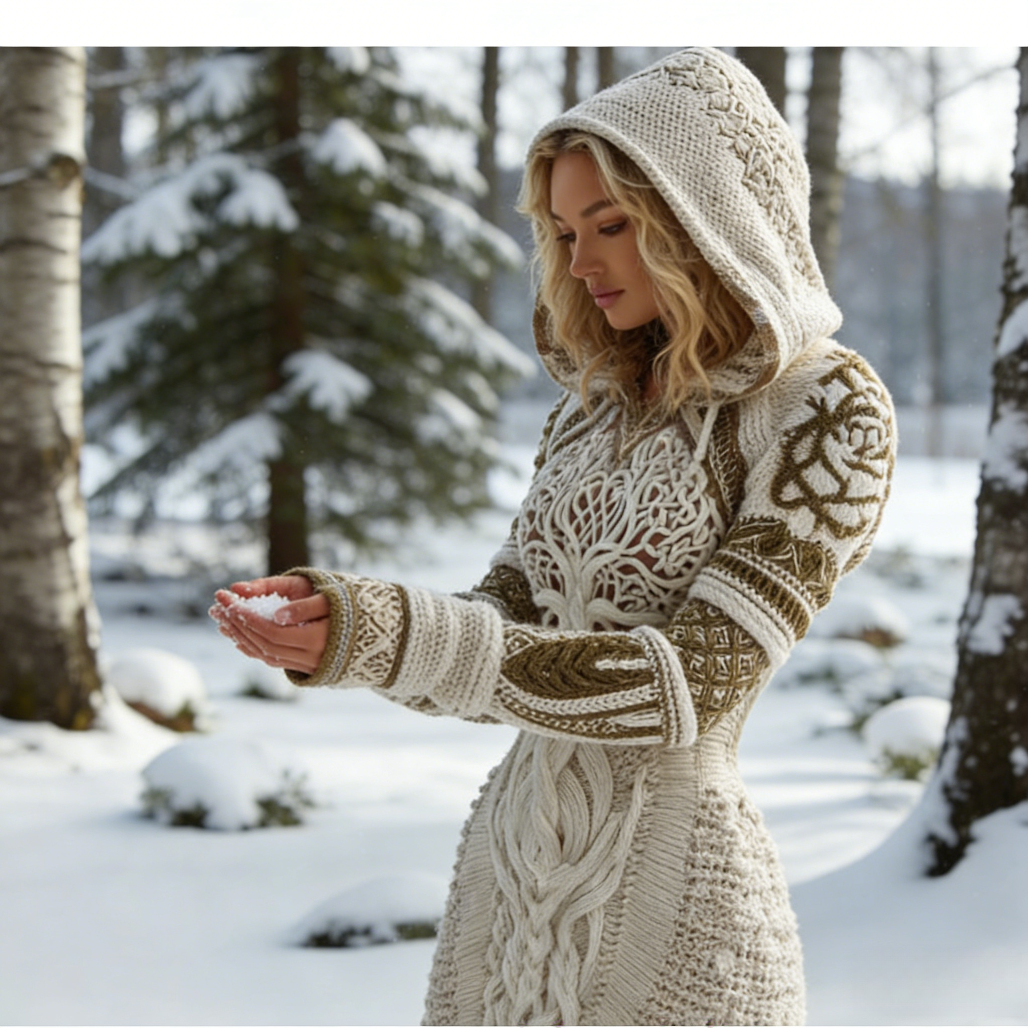 Damen Wikinger Keltischer Knoten Lebensbaum Kunst Gemütliches Strick Kapuzen-Minikleid